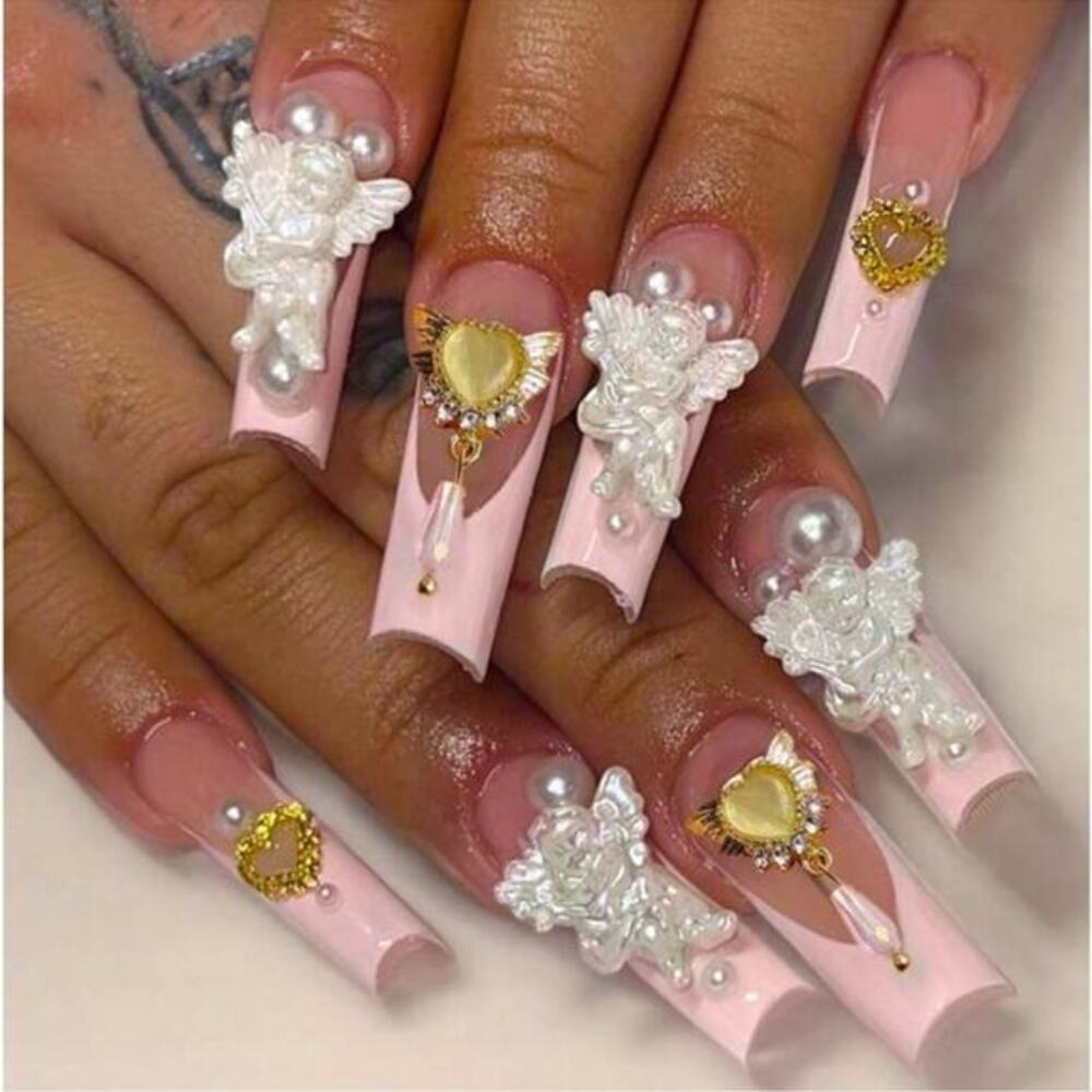 24 Set Square Coquette Angel Lolita Pink French Tip Nails